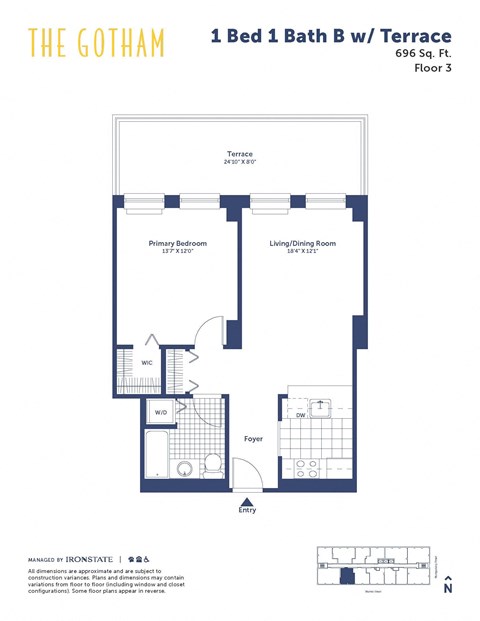 Floor plan for 1 bed, 1 bath, 696 sqft